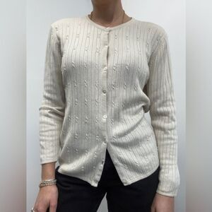 Vintage 90's Ivory Cream Rib Knit Silk Cashmere Beaded Crew Neck Cardigan Size L